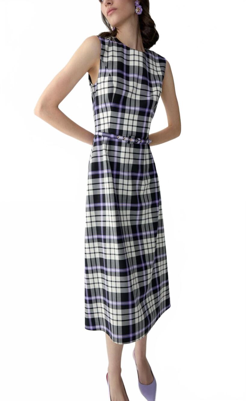 NEW CAROLINA HERRERA plaid a-line midi dress in black/white